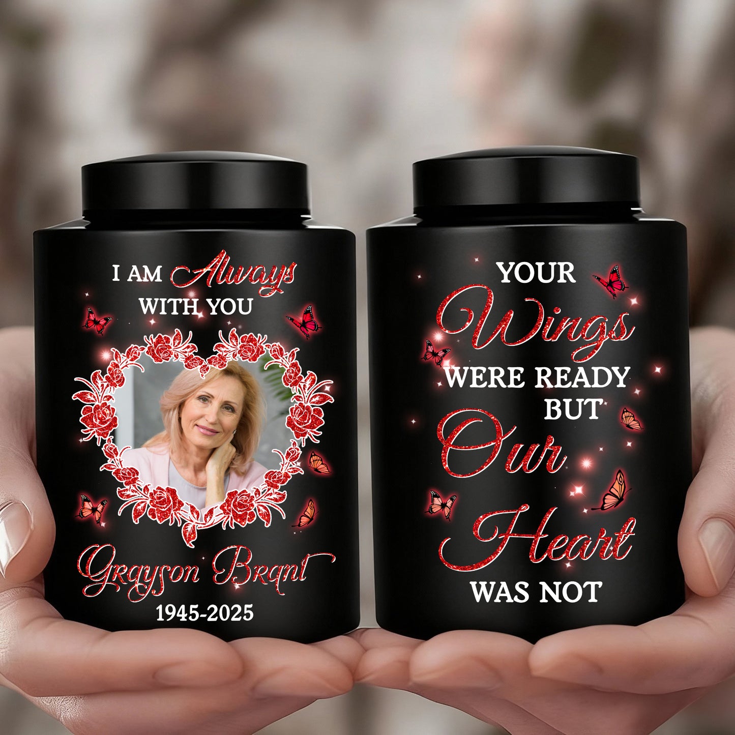 Heart Photo In Loving Memories Flowers -  Keepsake Wings Urn for Ashes - Stainless Steel Urn