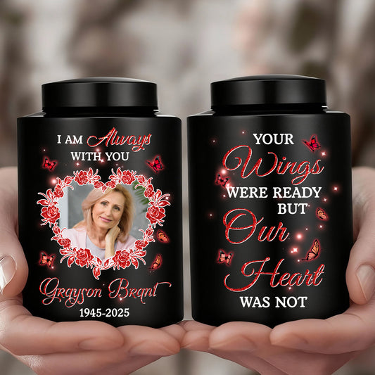 Heart Photo In Loving Memories Flowers -  Keepsake Wings Urn for Ashes - Stainless Steel Urn