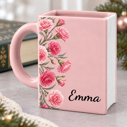 Flowers Month Book Lovers Shaped Mug - Personalized Name Gifts - Best Friend, Christmas & Birthday Friendship Keepsake Gift