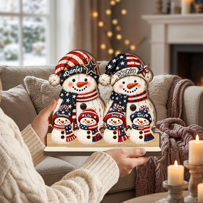 Christmas Family Snowman - Personalized 2-Layer Wood Plaque With Flat Base