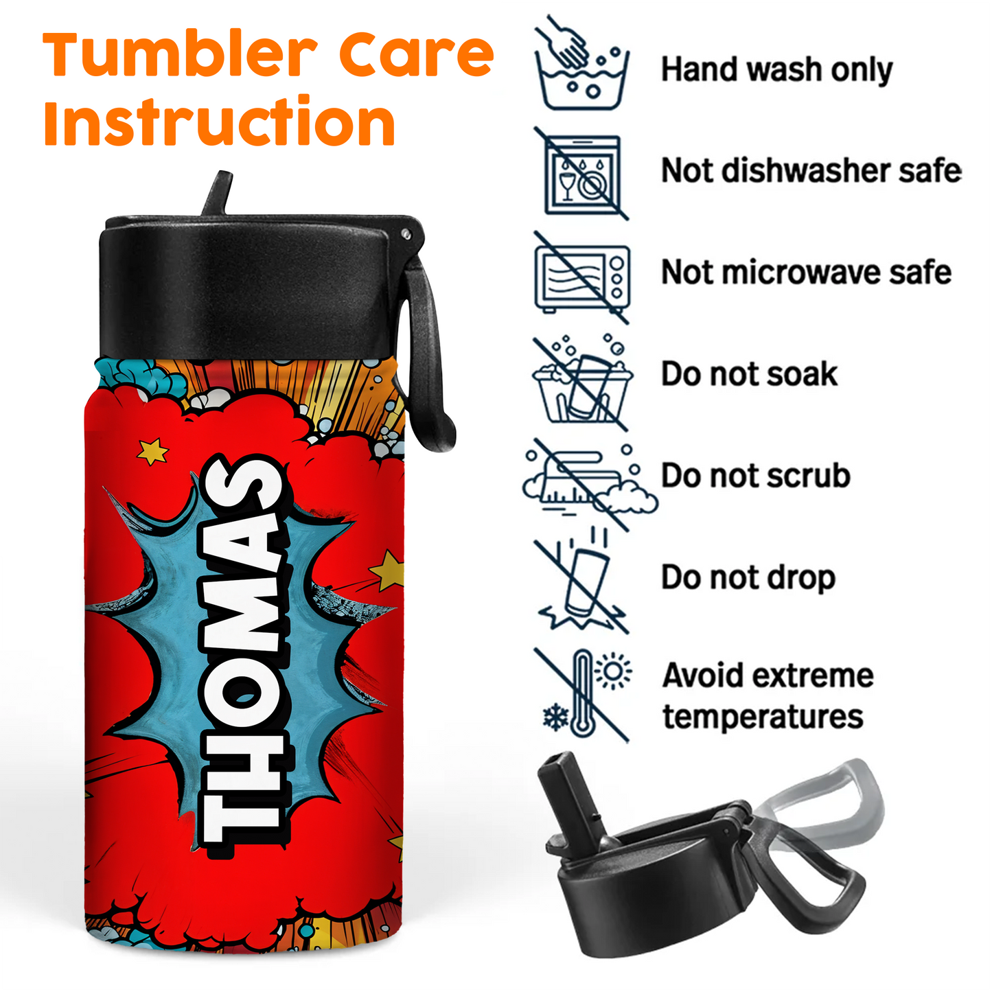 Comic Book - Back to School Water Bottle With Straw Lid - 12 oz Stainless Steel