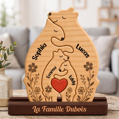 Personalized Floral Bear Family Puzzle - Custom Wooden Name Puzzle