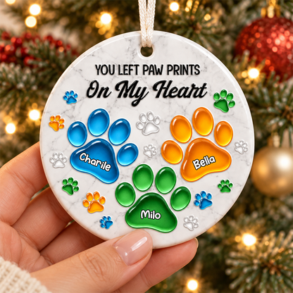 Personalized Pet Christmas Memorial Sympathy Gifts For Dogs, Cats - Pawprints On My Heart - Real 3D Relief Ornament