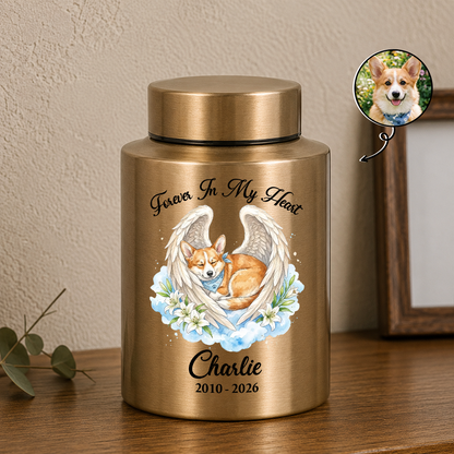 Memorial Upload Dog Cat Custom Photo - Remembrance Gift - Keepsake Wings Urn for Ashes - Stainless Steel Urn