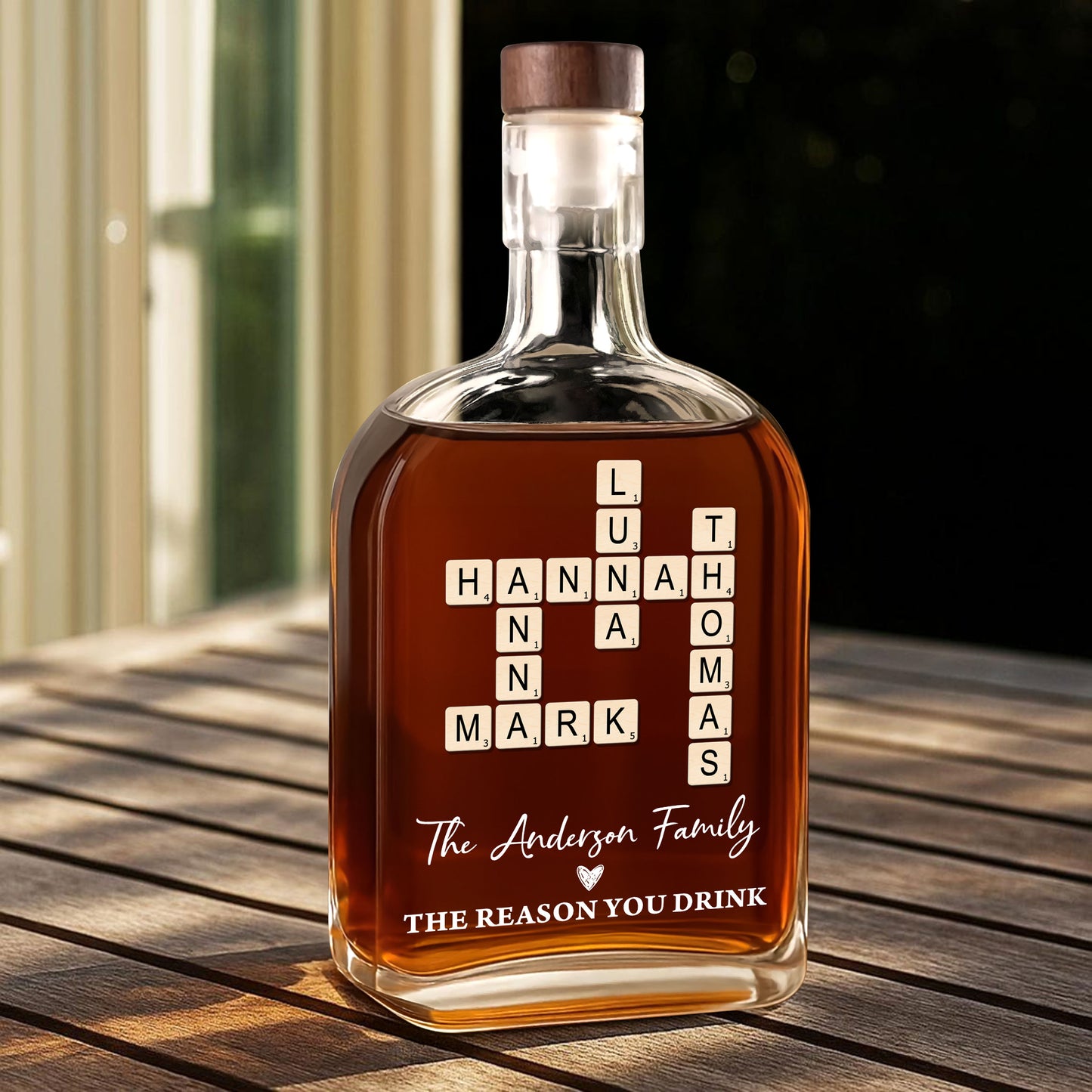 Crossword Puzzle Art - Our Family Personalized Custom Whiskey Bottle