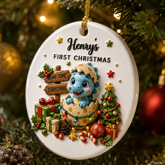 Christmas Keepsake Dinosaur First Christmas - Real 3D Ceramic Ornament