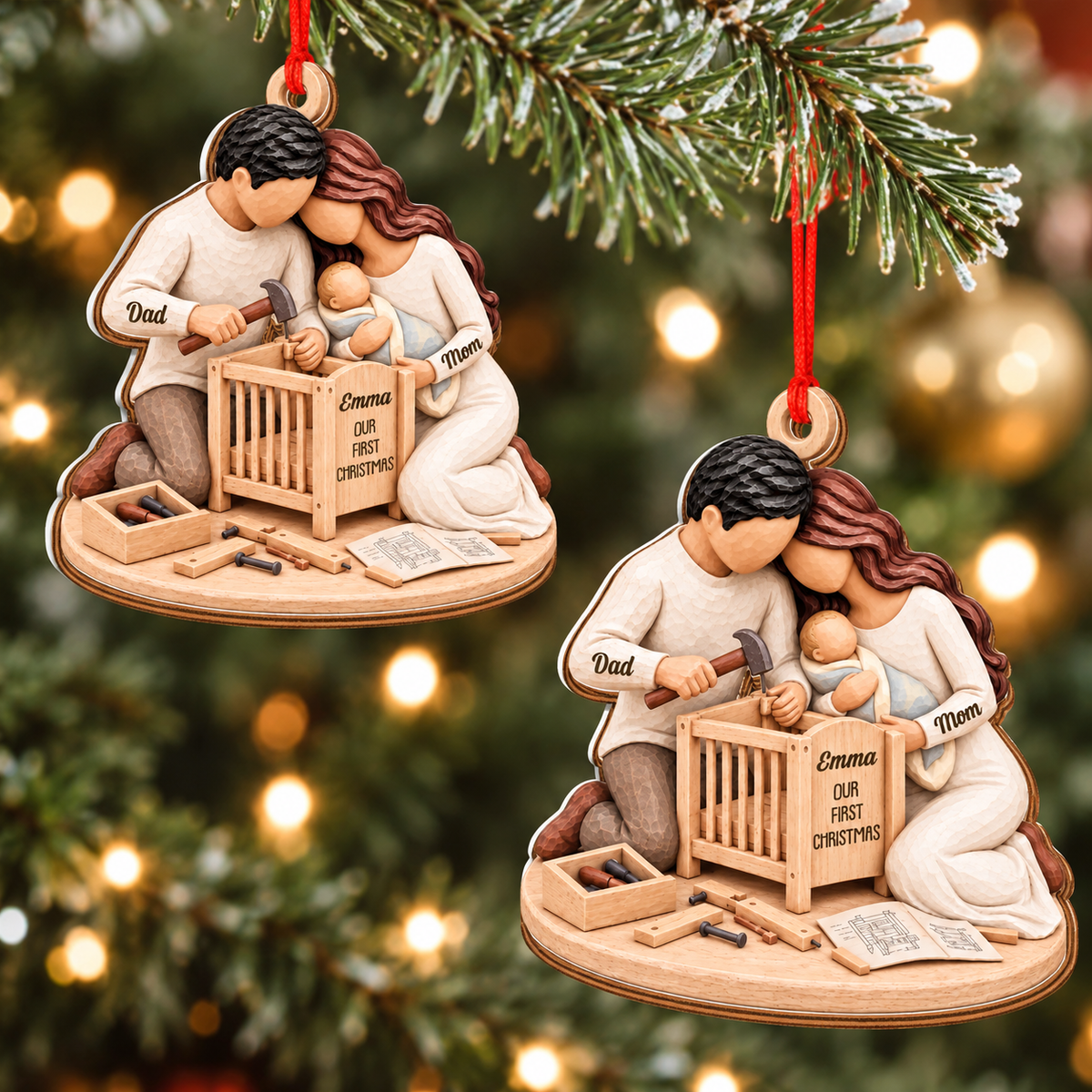 Expecting Couple Building Crib Ornament   - Custom Shaped 2 Layered Wood Christmas Ornament