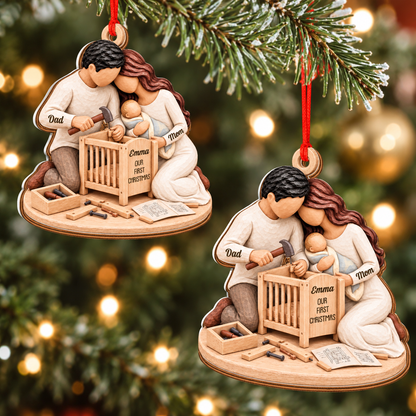 Expecting Couple Building Crib Ornament   - Custom Shaped 2 Layered Wood Christmas Ornament
