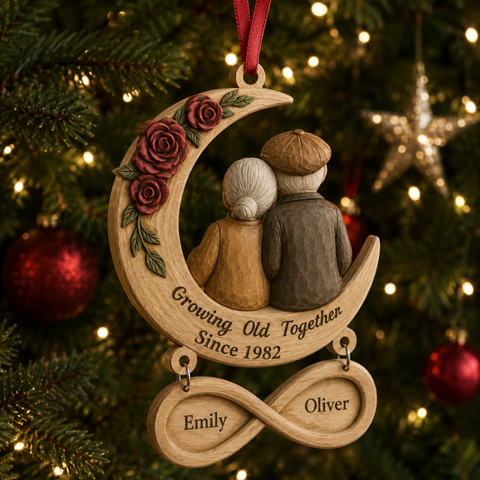 Growing Old Together Wooden Ornament With Tag - Personalized Engagement Gifts