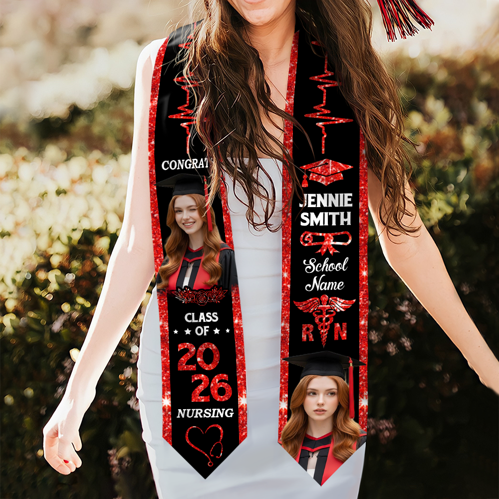 Custom Glitter Heart Beat Class of 2026 Stoles Sash - Personalized Gift For Graduation - Senior Gift
