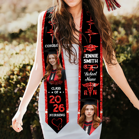 Custom Glitter Heart Beat Class of 2026 Stoles Sash - Personalized Gift For Graduation - Senior Gift