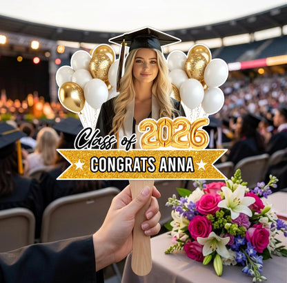 Personalized Graduation Balloon Face Fans With Wooden Handle - Fans Faces Class Of 2026