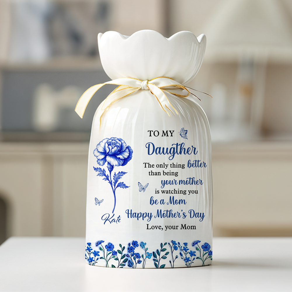 First Mom Now Grandma Birth Flower - Personalized Custom Ribbon Tie Flower Vase
