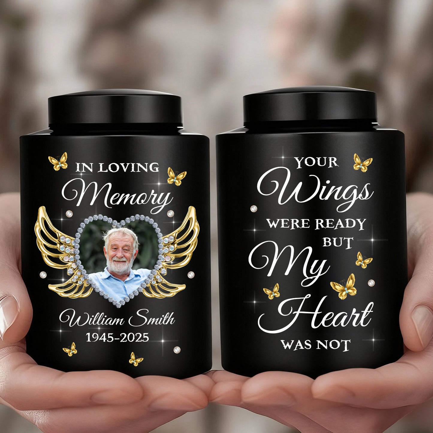 In Loving Memories Miss You Photo -  Keepsake Wings Urn for Ashes - Stainless Steel Urn