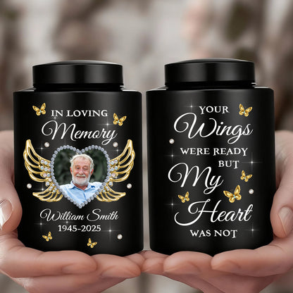 In Loving Memories Miss You Photo -  Keepsake Wings Urn for Ashes - Stainless Steel Urn