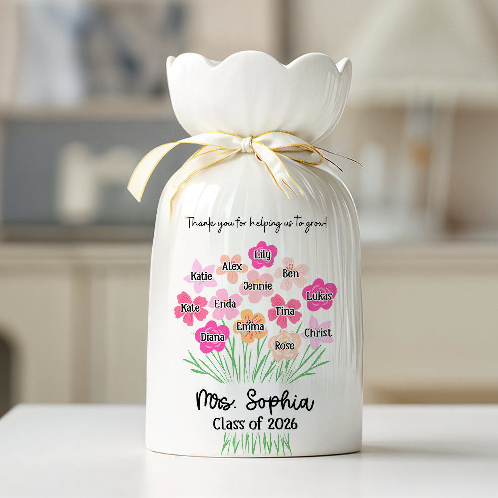 Personalized Teacher Gift - Thank You for Helping Us Grow- Personalized Custom Ribbon Tie Flower Vase