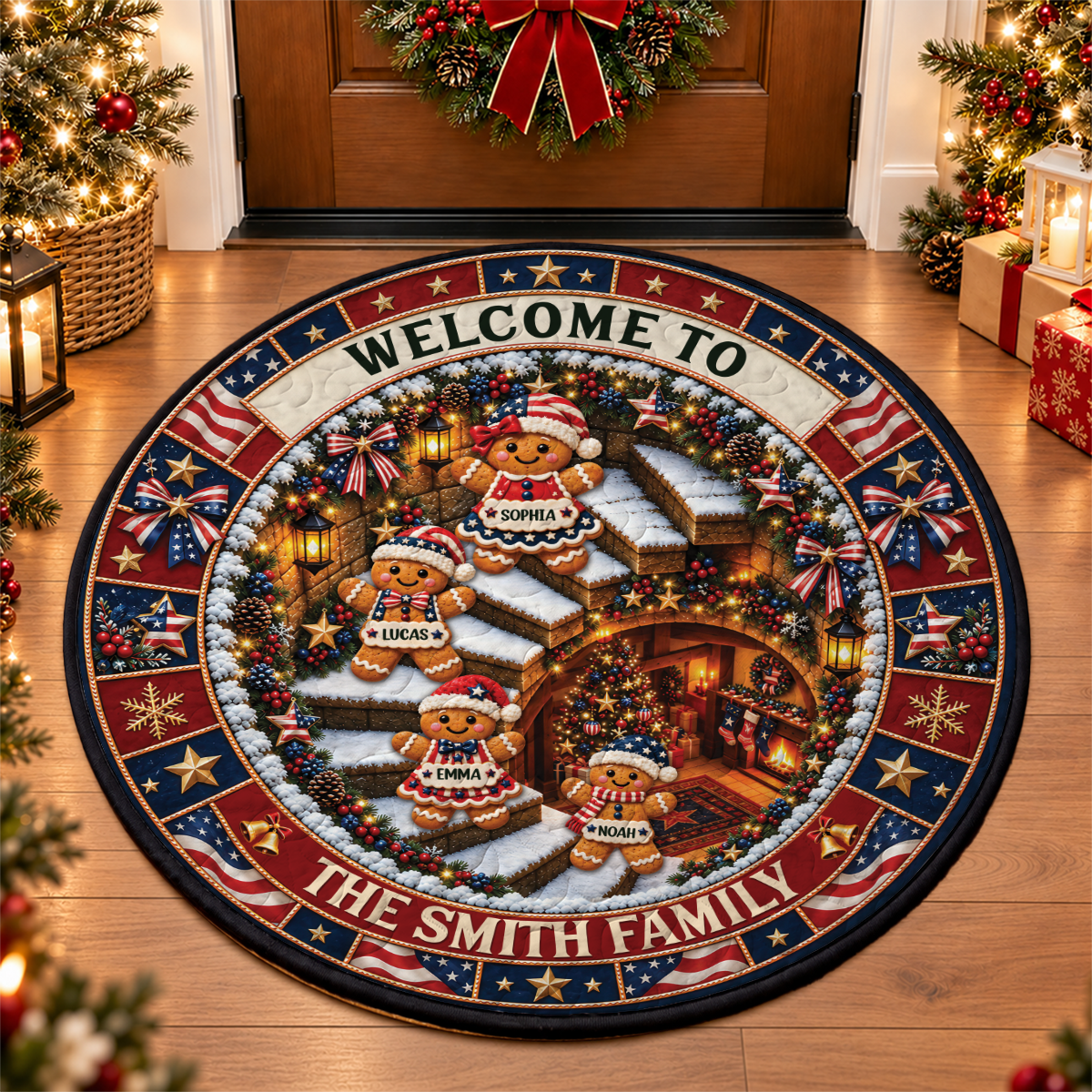 USA Family Shaped Doormat - Personalized Christmas Decor 3D Round Rug