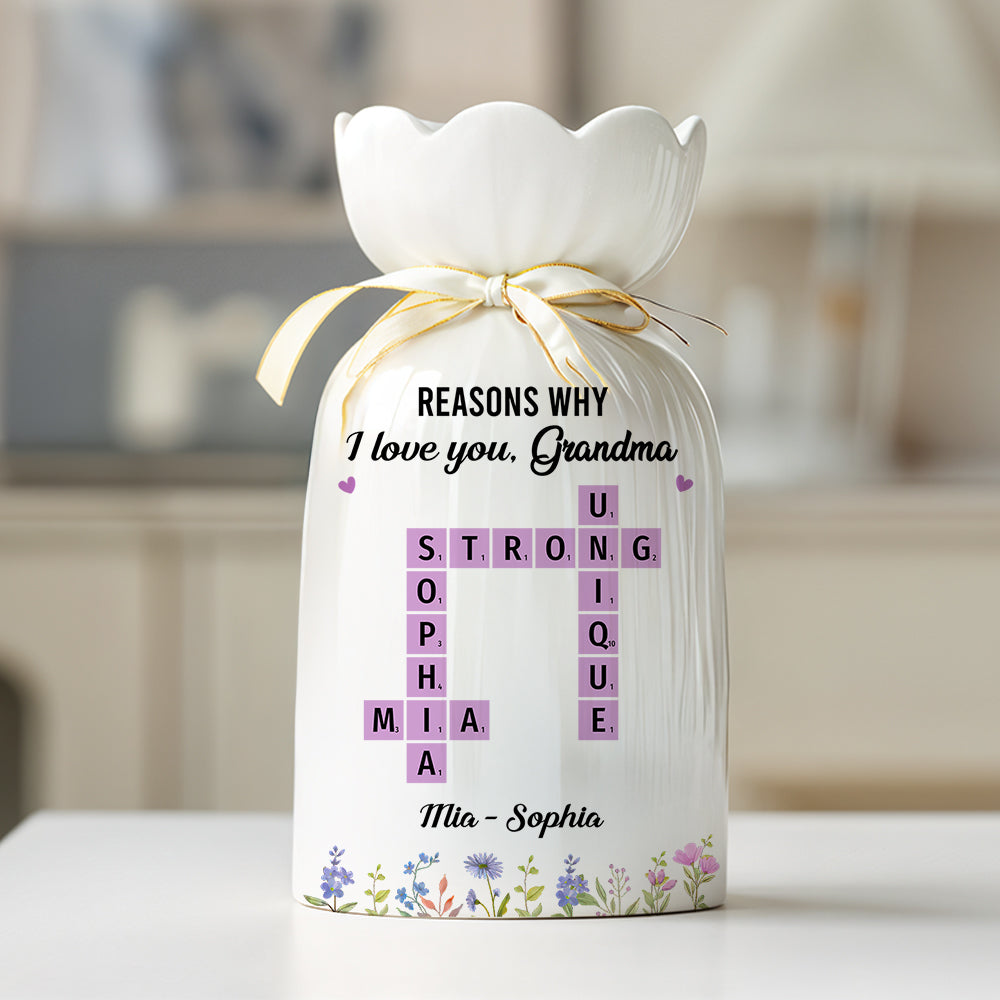 Reasons Why I Love You Mom Crossword Art - Personalized Custom Ribbon Tie Flower Vase
