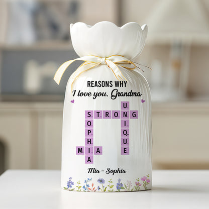 Reasons Why I Love You Mom Crossword Art - Personalized Custom Ribbon Tie Flower Vase