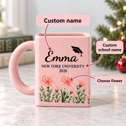 School Name - Unique Graduation Gifts Book Lovers Shaped Mug - Personalized Name Gifts - Best Friend, Christmas & Birthday Friendship Keepsake Gift
