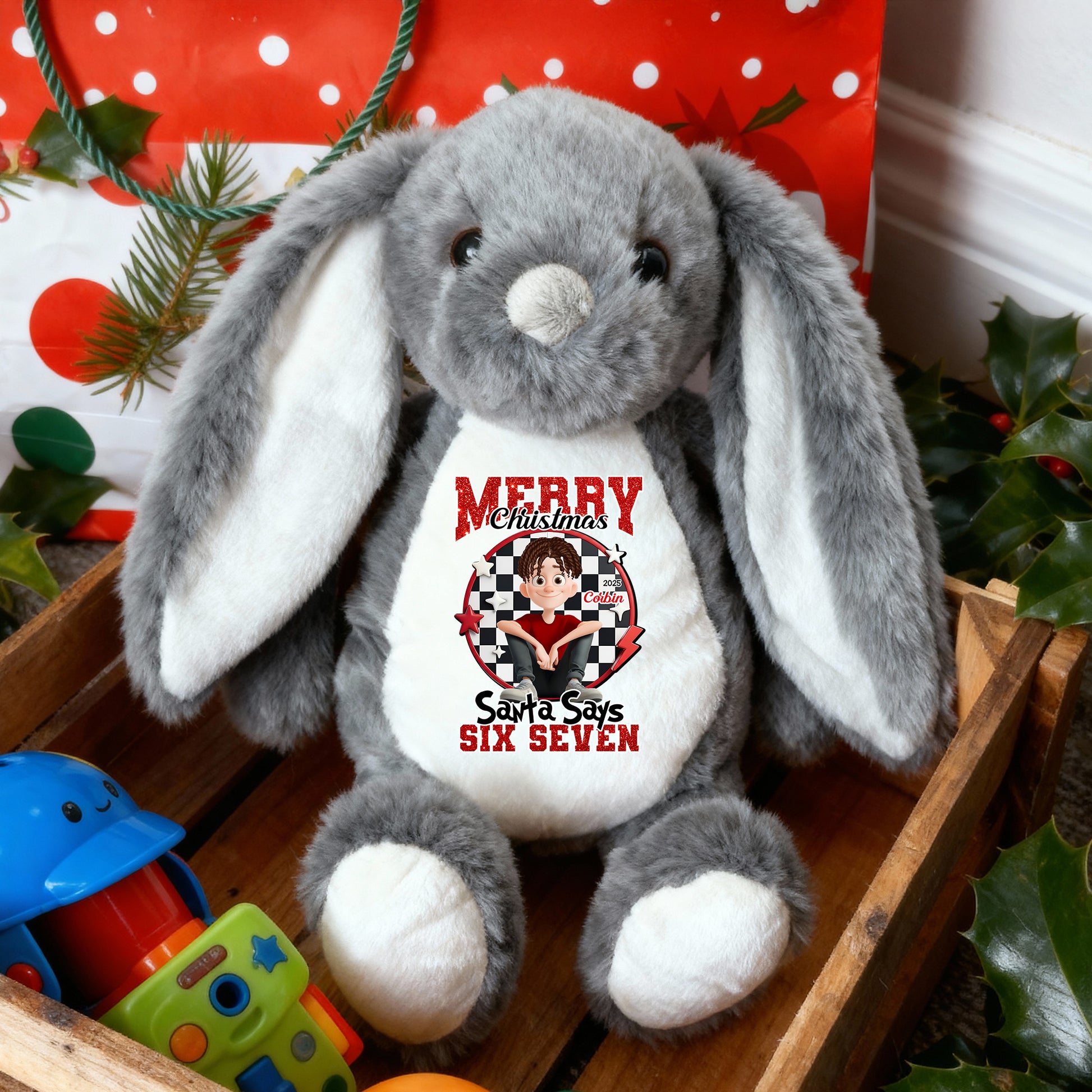 Santa Says Merry Christmas plush bunny rabbit, perfect for Easter, Christmas or birthdays.