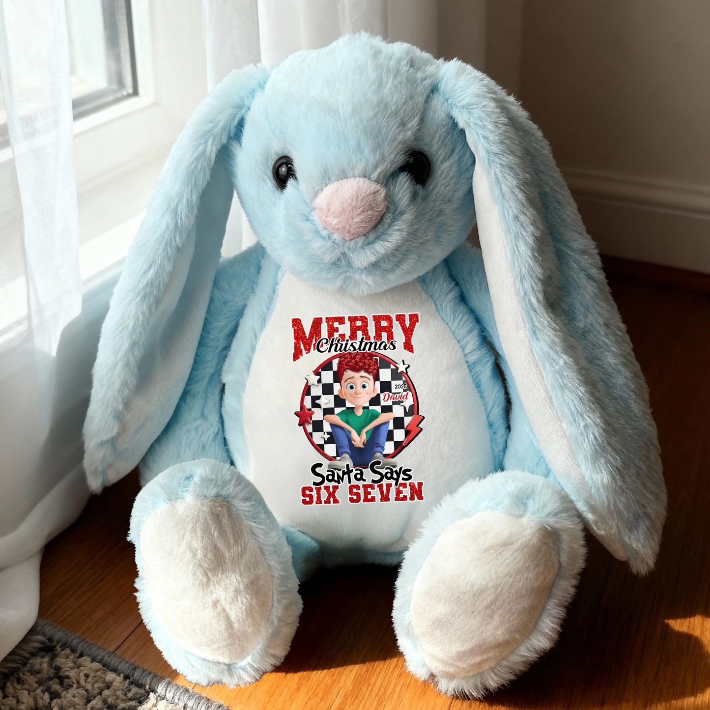 Santa Says Merry Christmas plush bunny rabbit, perfect for Easter, Christmas or birthdays.