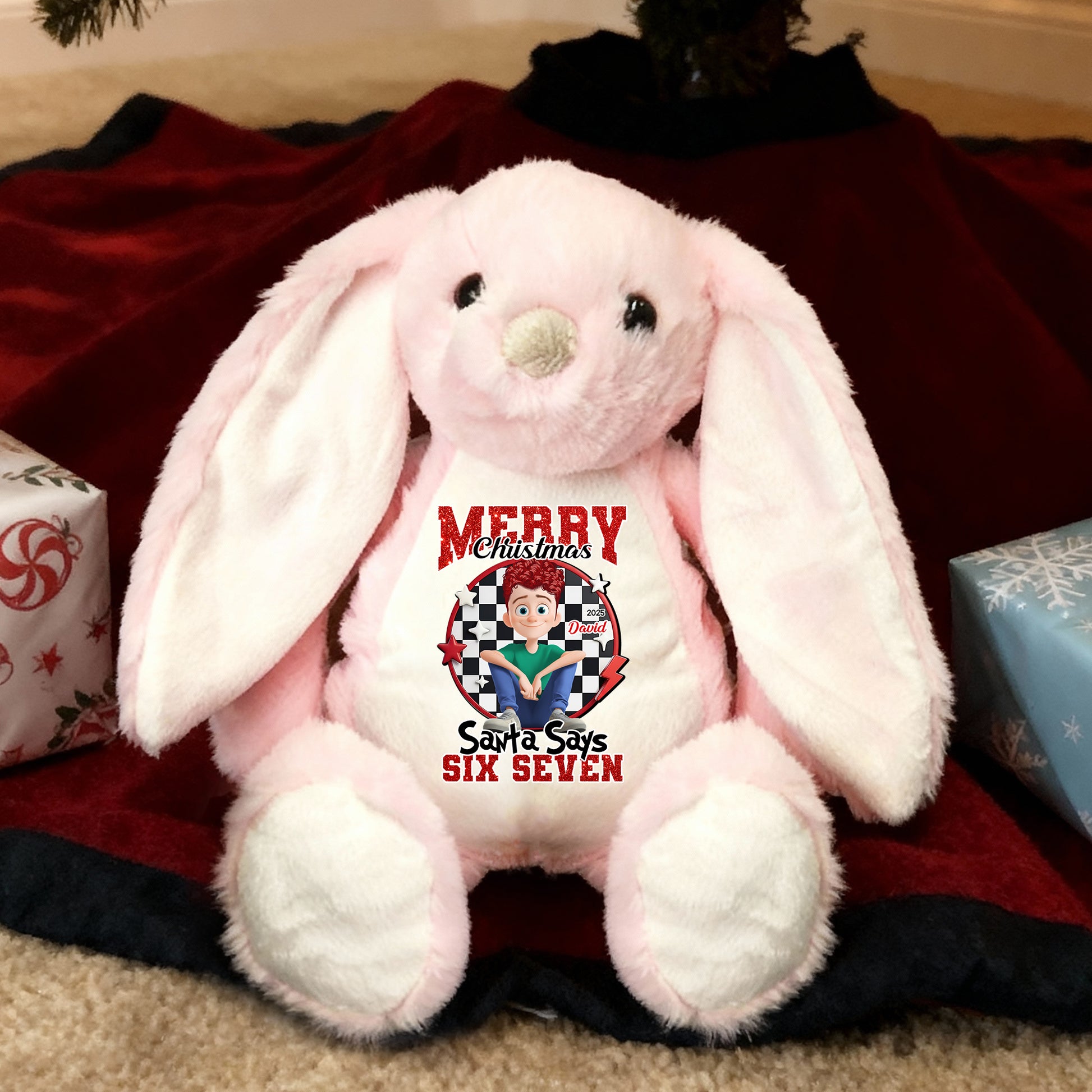 Santa Says Merry Christmas plush bunny rabbit, perfect for Easter, Christmas or birthdays.
