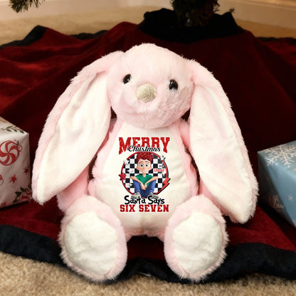 Santa Says Merry Christmas plush bunny rabbit, perfect for Easter, Christmas or birthdays.