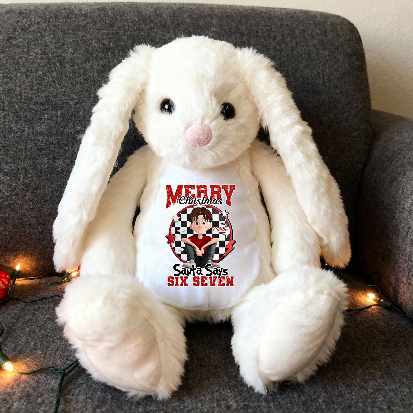 Santa Says Merry Christmas plush bunny rabbit, perfect for Easter, Christmas or birthdays.