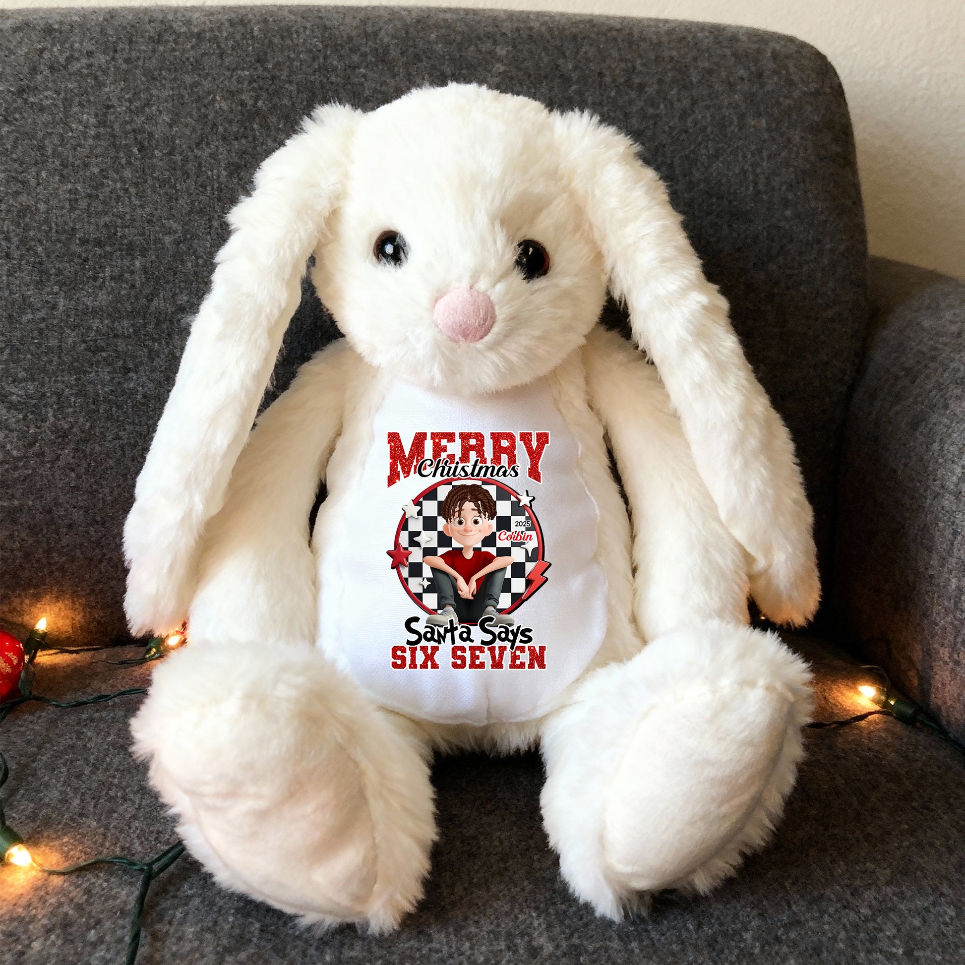 Santa Says Merry Christmas plush bunny rabbit, perfect for Easter, Christmas or birthdays.
