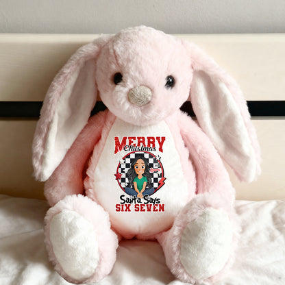 Santa Says Merry Christmas plush bunny rabbit, perfect for Easter, Christmas or birthdays.