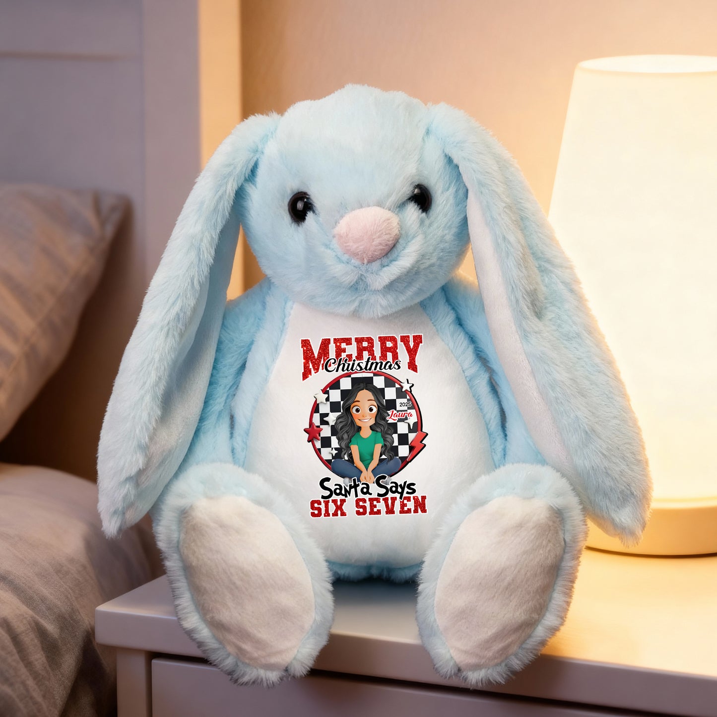 Santa Says Merry Christmas plush bunny rabbit, perfect for Easter, Christmas or birthdays.
