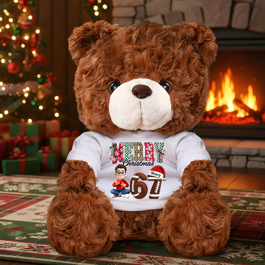 Personalized "67 Slang" Christmas ornament teddy bear plush. A cute, custom holiday gift.