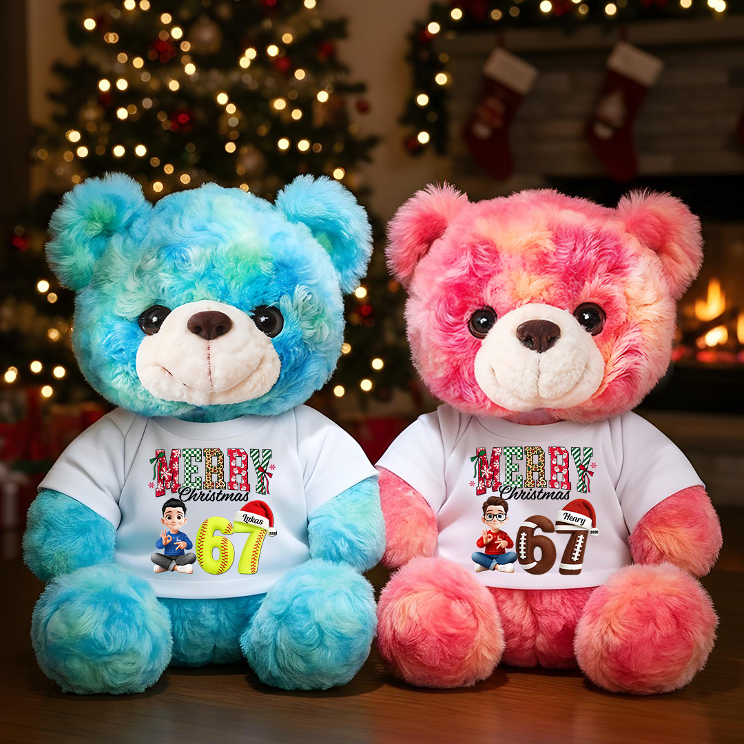 Personalized "67 Slang" Christmas ornament teddy bear plush. A cute, custom holiday gift.