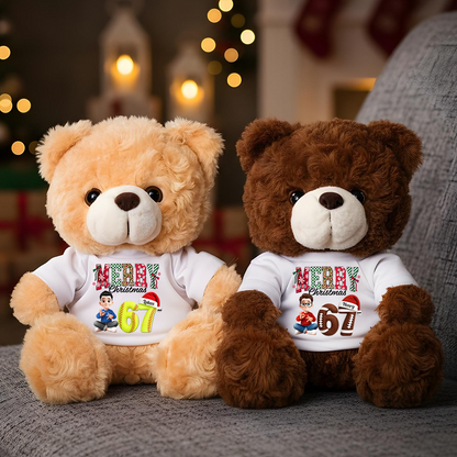 Personalized "67 Slang" Christmas ornament teddy bear plush. A cute, custom holiday gift.