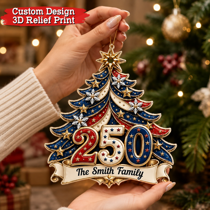 Custom Family Name Personalized 250th America Christmas Ornament - Real 3D Relief Ornament