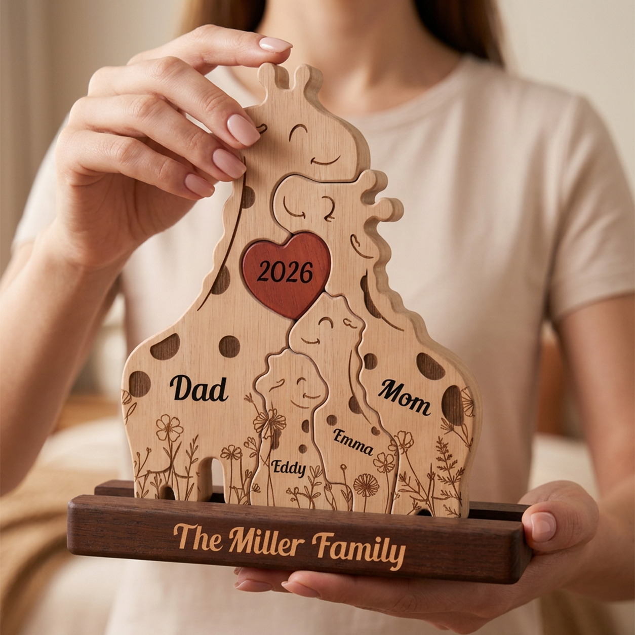 Personalized Giraffe Family Puzzle - Custom Wooden Name Puzzle