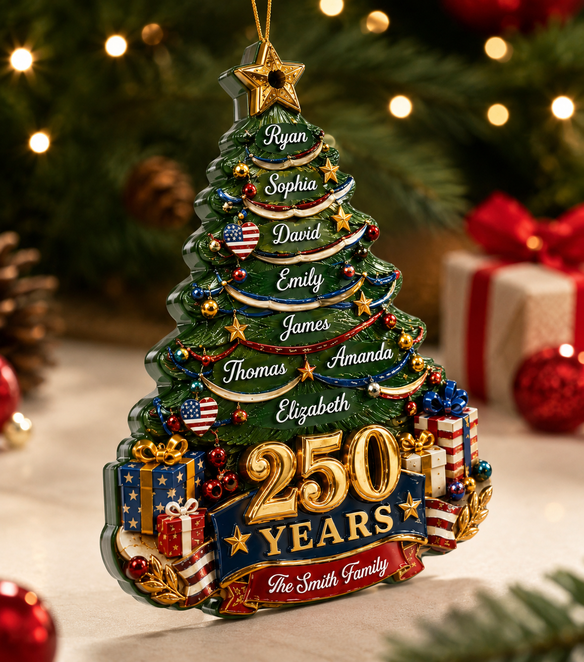 Christmas Tree Custom Family Name Personalized 250th America  - Real 3D Relief Ornament