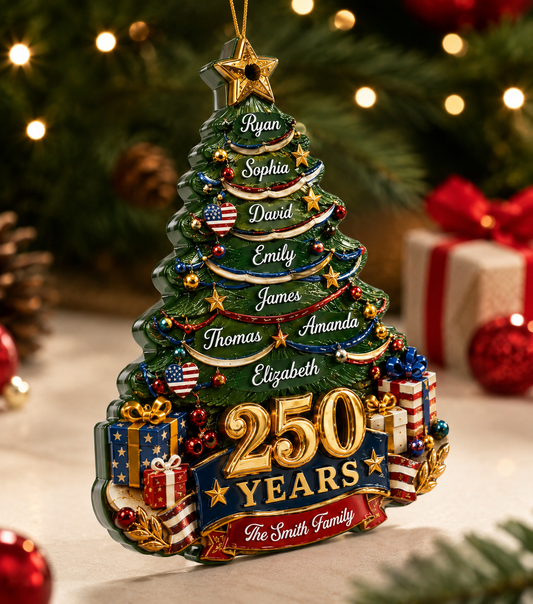 Christmas Tree Custom Family Name Personalized 250th America  - Real 3D Relief Ornament