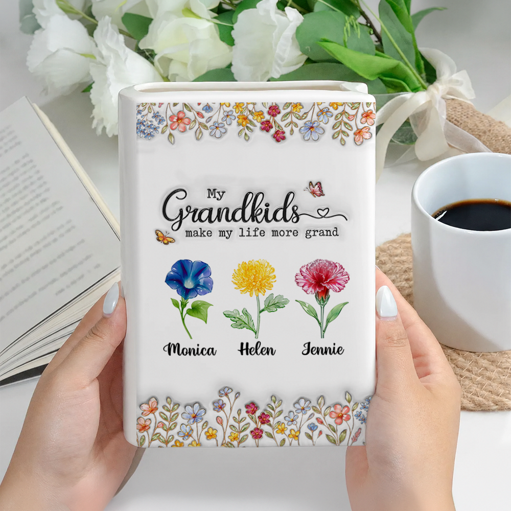 Grandkids Make Life Grand Floral 3D - Personalized Ceramic Book Vase