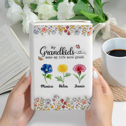Grandkids Make Life Grand Floral 3D - Personalized Ceramic Book Vase