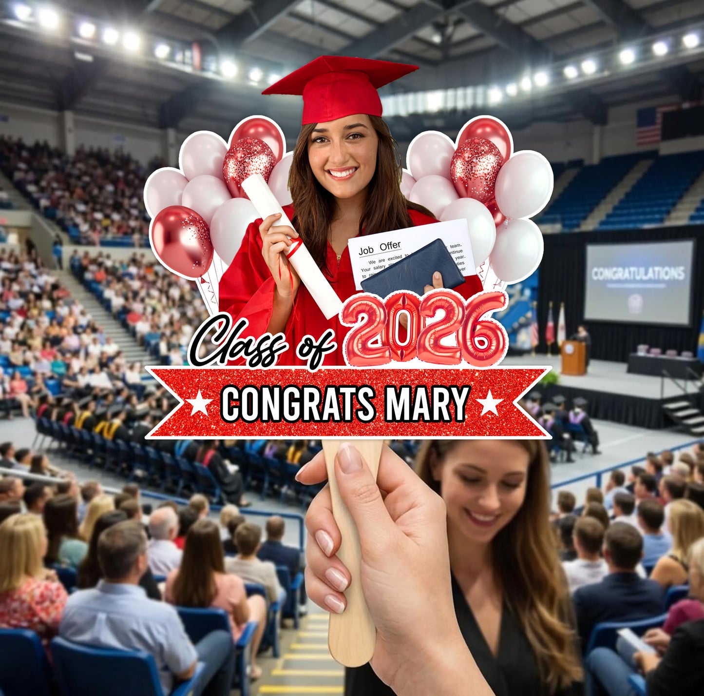 Personalized Graduation Balloon Face Fans With Wooden Handle - Fans Faces Class Of 2026