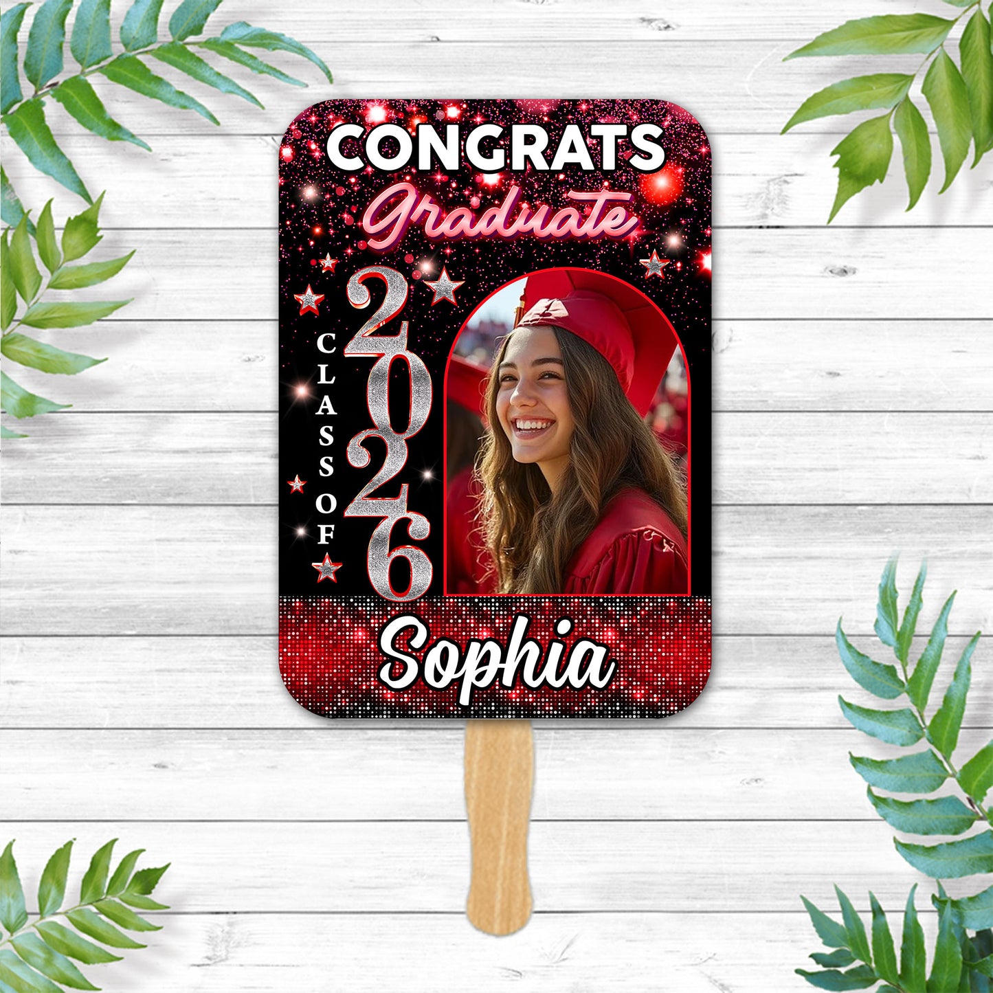 Personalized Graduation Face Fans Glitter With Wooden Handle - Fans Faces Class Of 2026