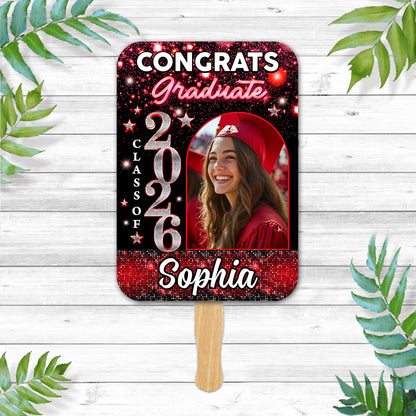 Personalized Graduation Face Fans Glitter With Wooden Handle - Fans Faces Class Of 2026