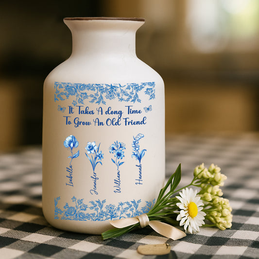Bestie Flowers Toile De Jouy Style - Elegant White Ceramic Flower Vase Minimalist