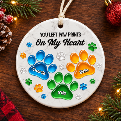 Personalized Pet Christmas Memorial Sympathy Gifts For Dogs, Cats - Pawprints On My Heart - Real 3D Relief Ornament