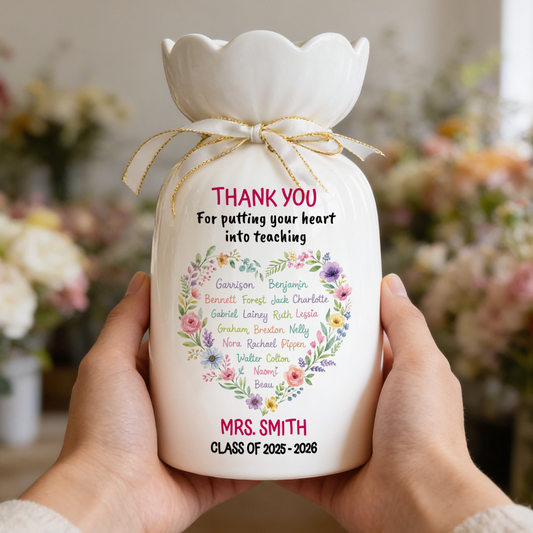 Personalized Teacher Gift from Class Watercolor Heart - Personalized Custom Ribbon Tie Flower Vase