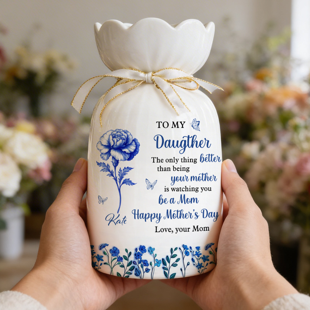 First Mom Now Grandma Birth Flower - Personalized Custom Ribbon Tie Flower Vase