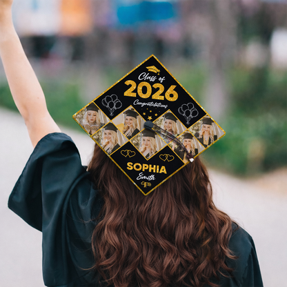 Class Of 2026 Photo Congrats Glitter Cap Topper - Personalized Printed Graduation Cap Topper