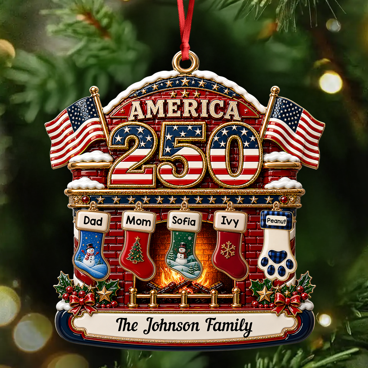 Christmas Fireplace Love United States Of America - Real 3D Relief Ornament